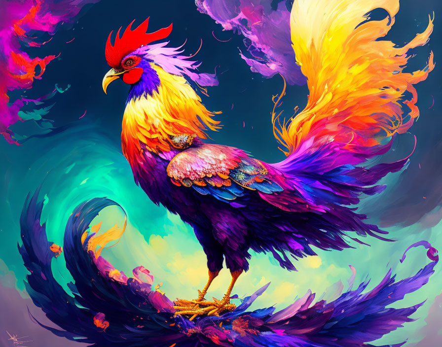 Colorful Rooster Illustration with Fiery Plumes in Blue, Purple, and Yellow