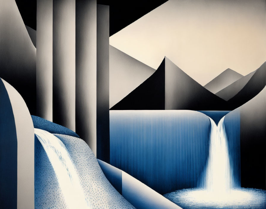 Stylized mountains, waterfalls, and columns in blue and gray.