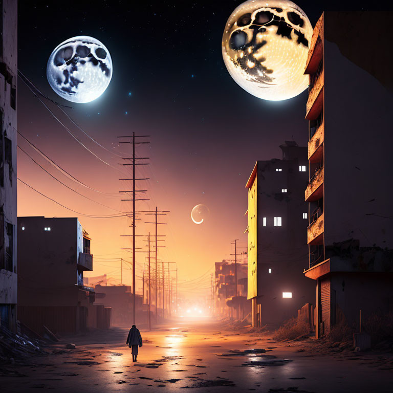 Person walking under oversized moons in surreal night scene