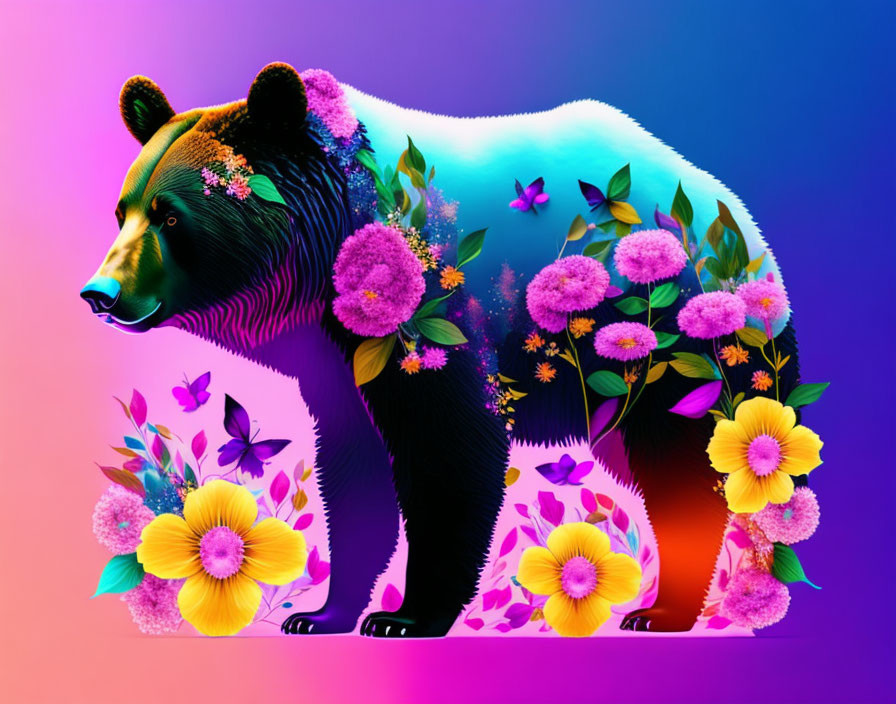 Vibrant floral bear art with butterflies on purple-blue gradient