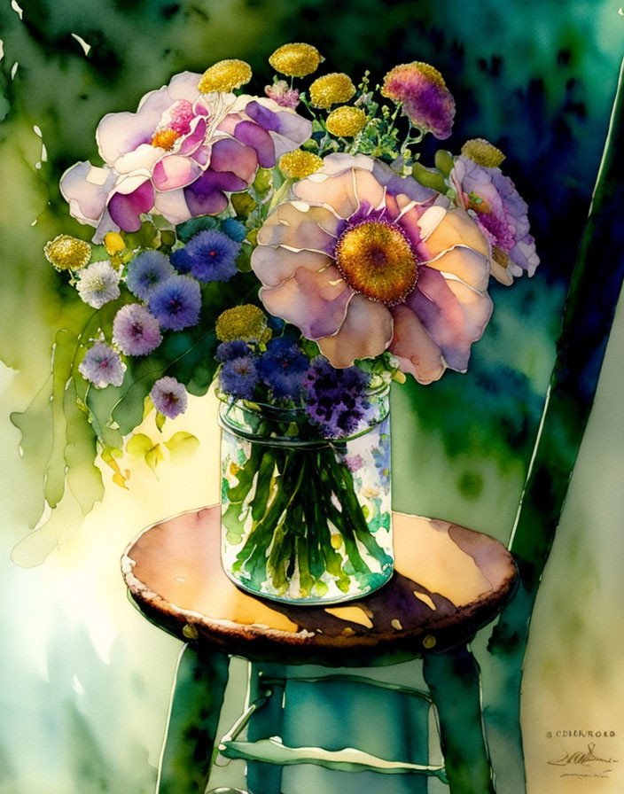 Colorful Watercolor Painting: Flowers in Jar on Rustic Stool