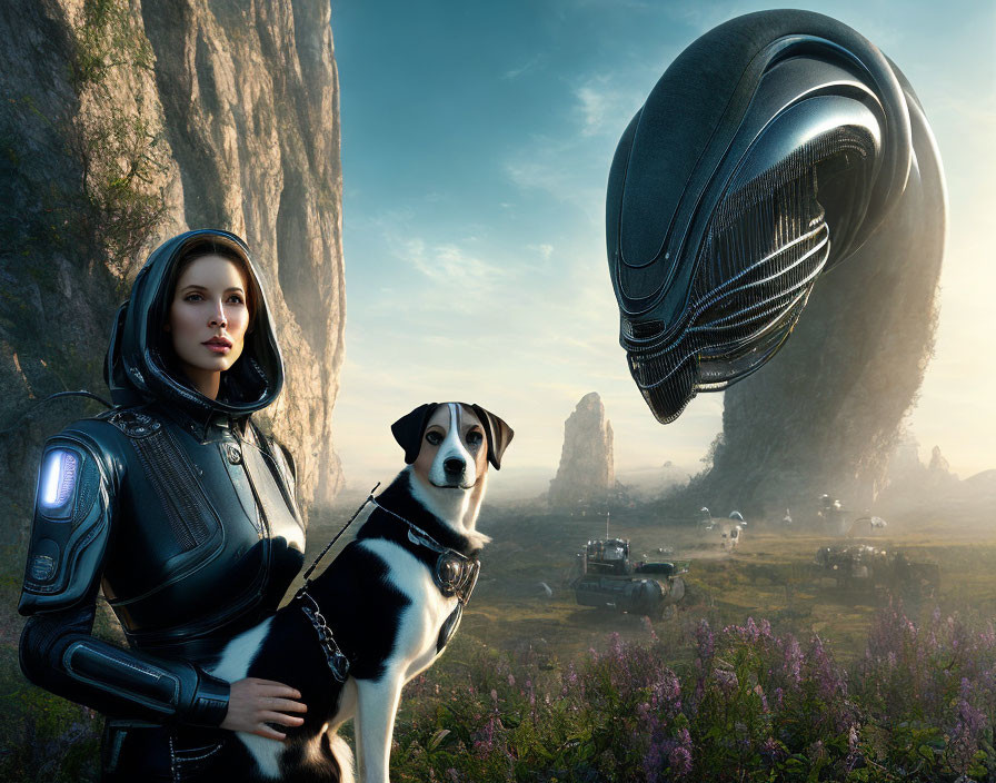 Woman in futuristic suit with dog on alien landscape with spaceship & military vehicles