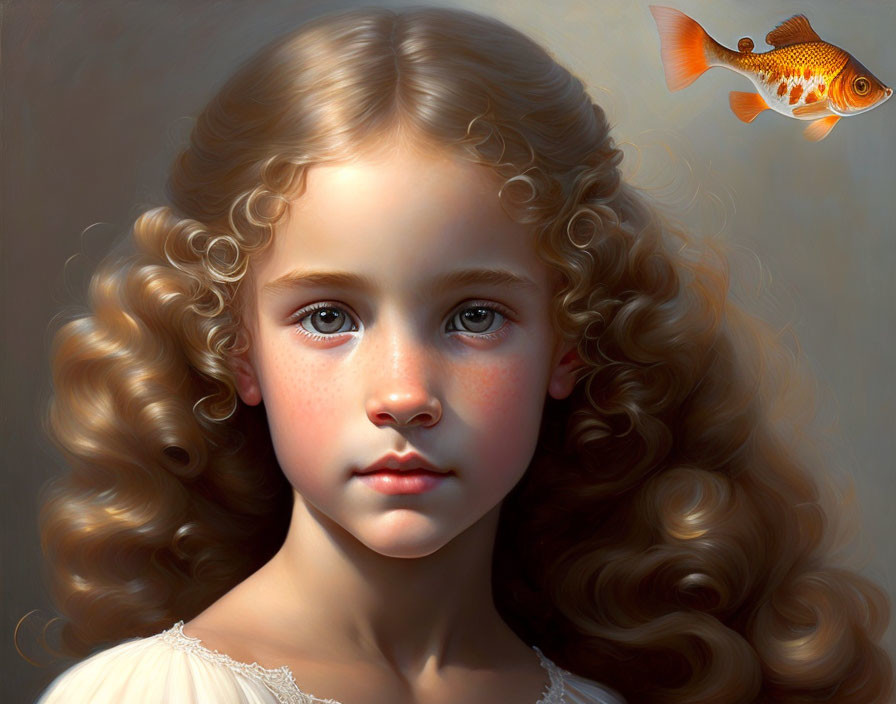 Young Girl with Curly Hair and Goldfish in Digital Art