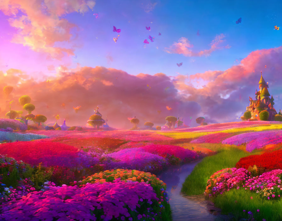 Colorful Castle and Flower Fields in Fantasy Landscape