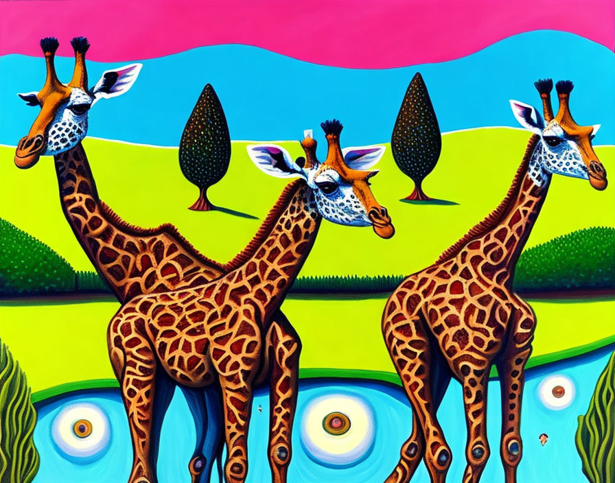 Colorful surreal painting: Three giraffes amid whimsical trees in vibrant landscape