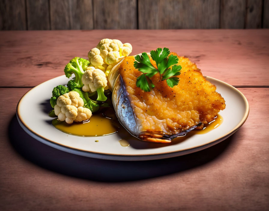 Golden-Brown Fish Fillet with Cauliflower and Broccoli on Ceramic Plate