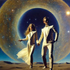 Two people in white attire on cosmic background with ringed planet and stars