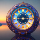 Surreal cosmic wheel with zodiac symbols in starry sky over tranquil waters