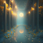 Enchanting hallway with golden light, floating flowers, and scattered petals