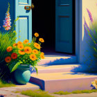 Colorful painting of doorstep with blue door and sunflowers in pot