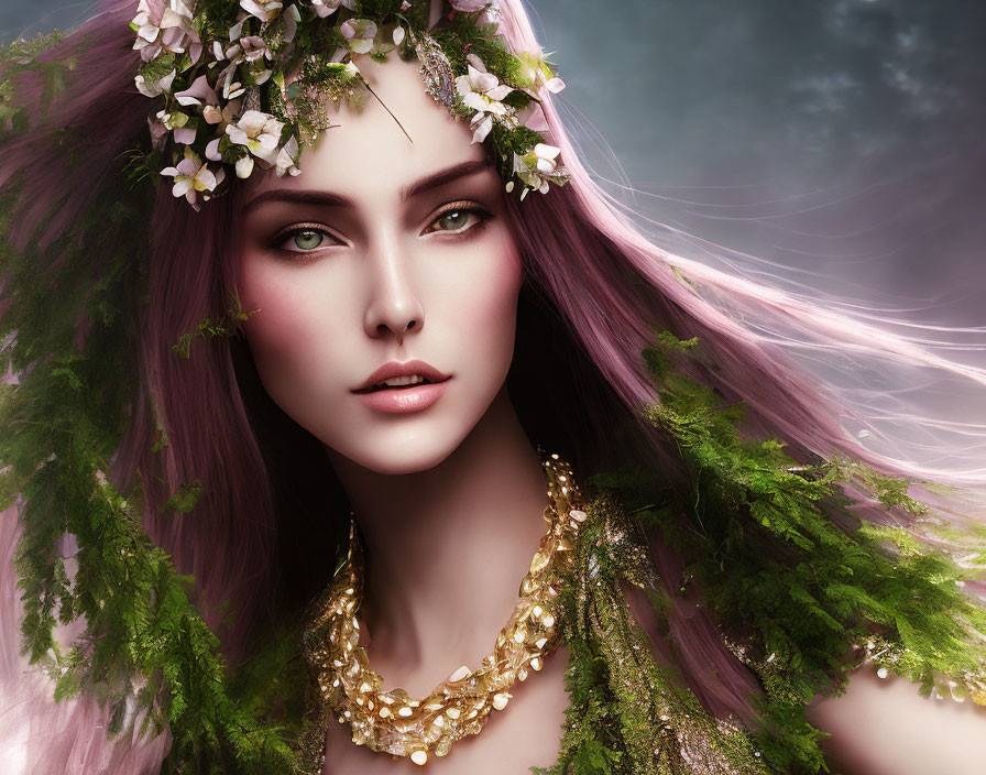 Illustration of woman with purple hair, white flower crown, golden necklace, green foliage.