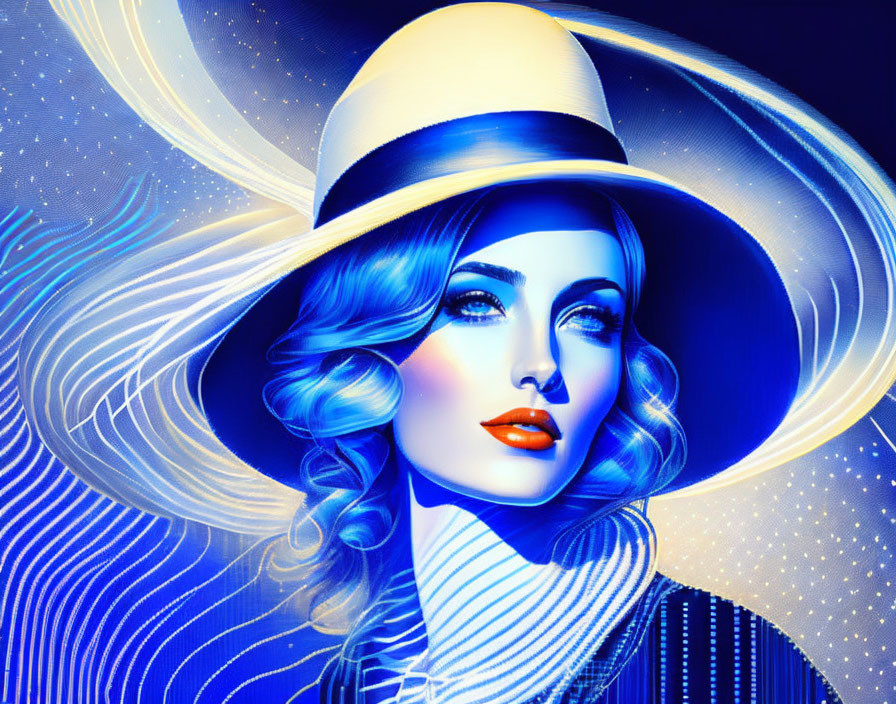 Stylized digital portrait of woman with wavy blue hair and wide-brimmed hat on dynamic