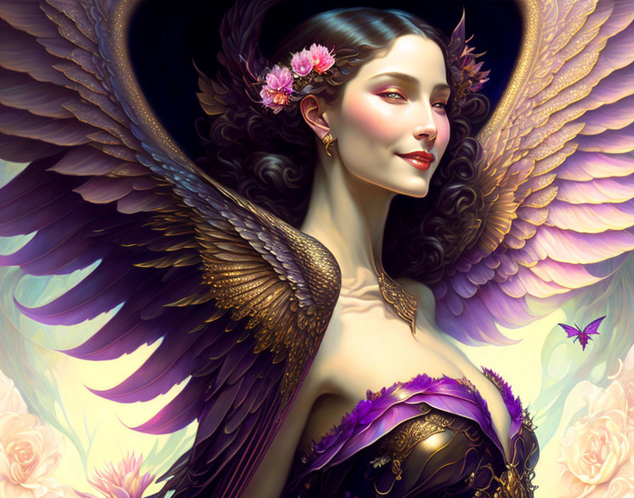 Smiling woman with purple attire and golden wings in digital artwork