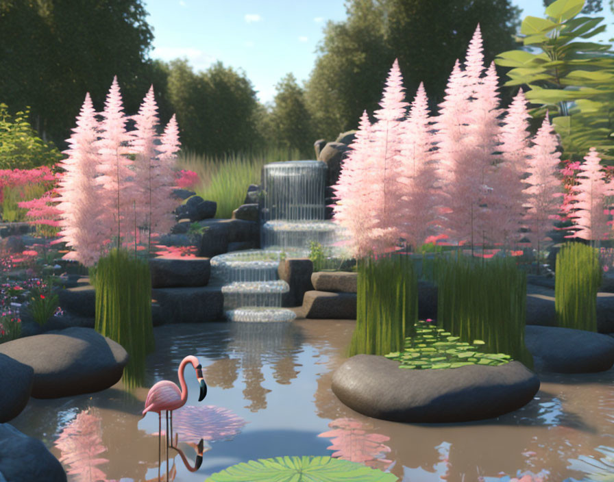 Flamingo in serene garden with pond, pink blossoms, greenery, and waterfall