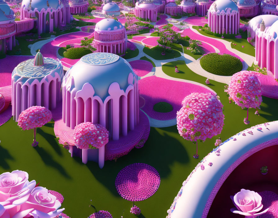 Colorful dome-shaped buildings in whimsical candy landscape