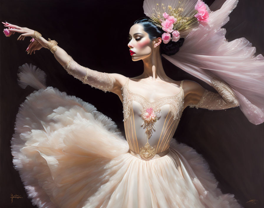 Dark-haired ballerina in gold tutu and pink flowers on dark background