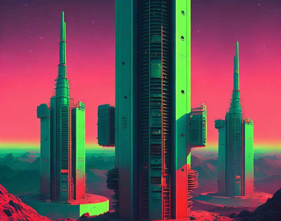 Futuristic cityscape with neon-lit skyscrapers at dusk