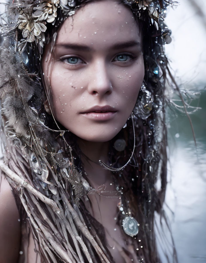 Woman with Blue Eyes in Snowy Setting with Golden Headpiece