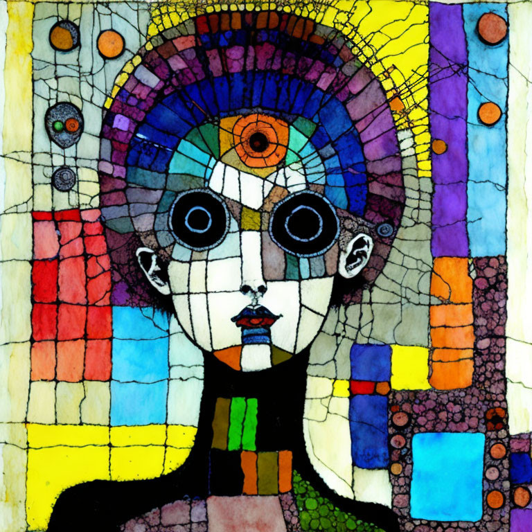 Abstract Cubist-Style Face Painting with Geometrical Patterns and Vibrant Colors