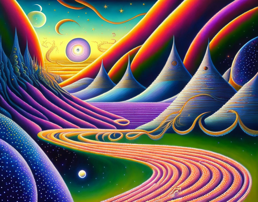 Colorful Psychedelic Landscape with Eye and Celestial Elements