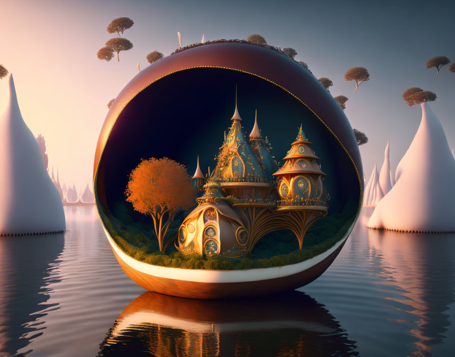 Spherical realm with golden castle in fantasy landscape