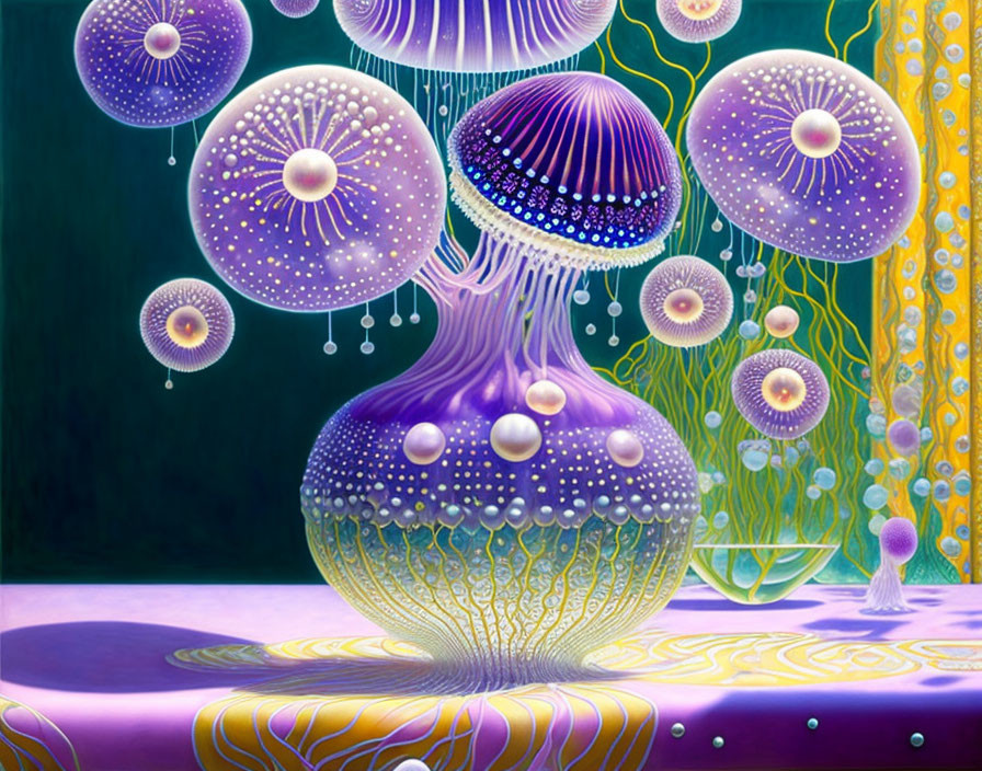 Colorful jellyfish painting on greenish-blue backdrop with underwater plant life