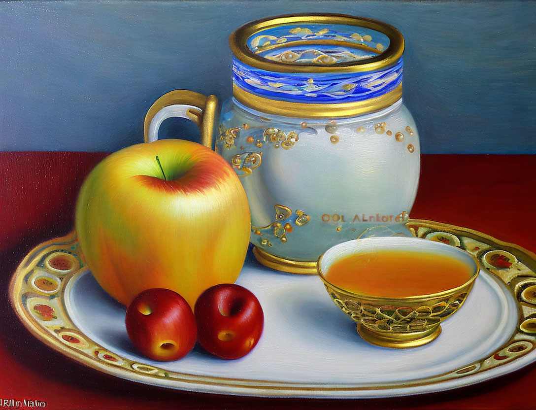 Vibrant still life painting with yellow and red apples, jar, cup, and platter