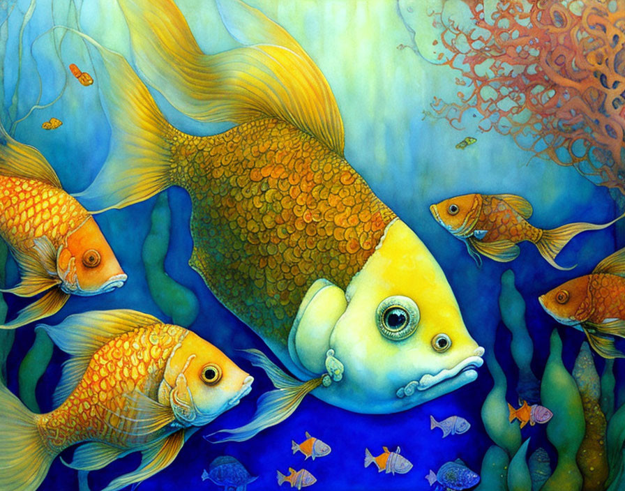 Colorful underwater scene with golden fish, coral, and blue fish