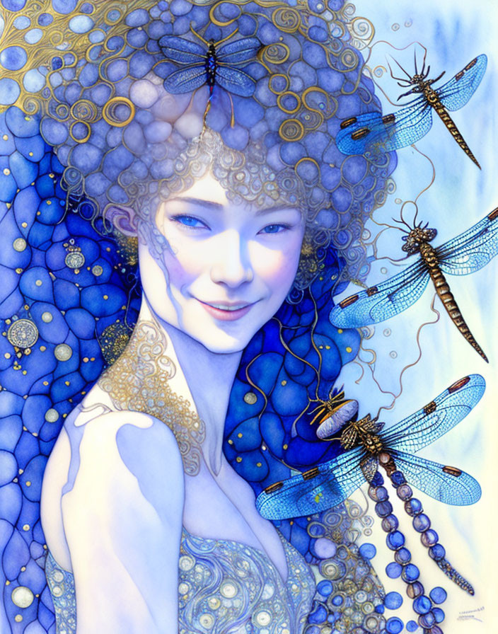 Smiling woman with dragonflies in ornate hair on blue background