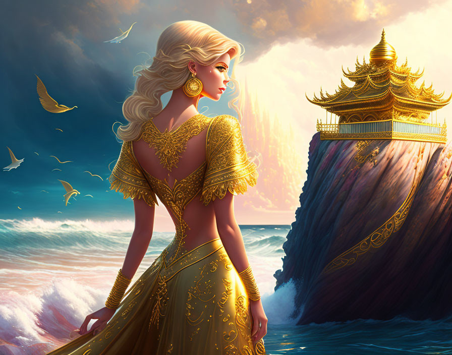 Golden-dressed woman gazes at cliff-top temple by the sea with birds in dramatic sky