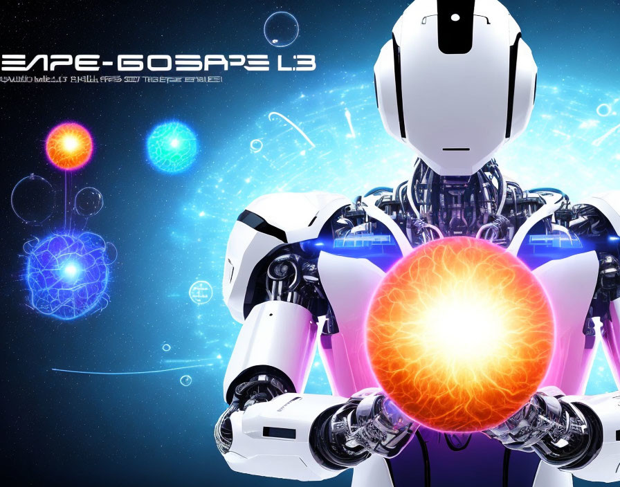 White-armored humanoid robot with blue eyes holding orange energy sphere amidst scientific holograms.