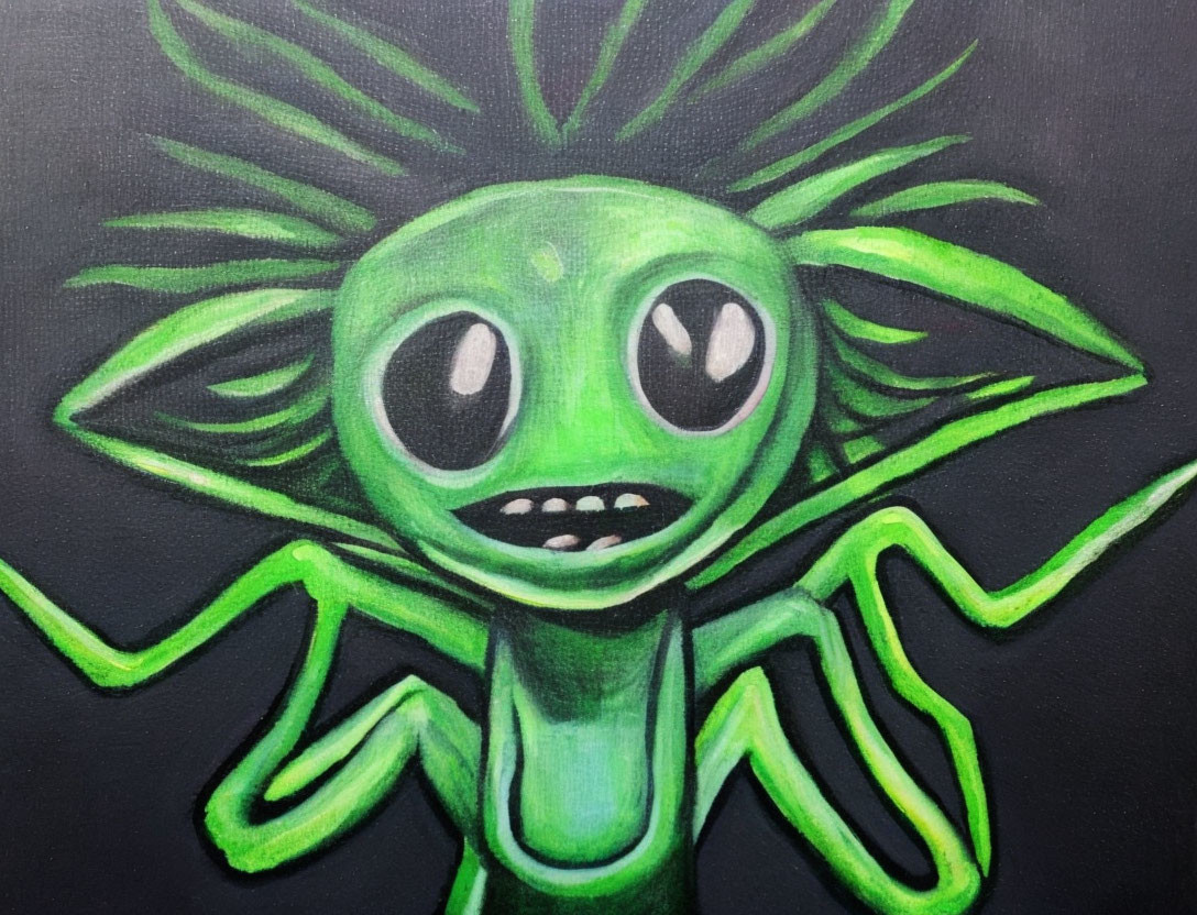 Colorful Cartoonish Alien Painting with Sunburst Background