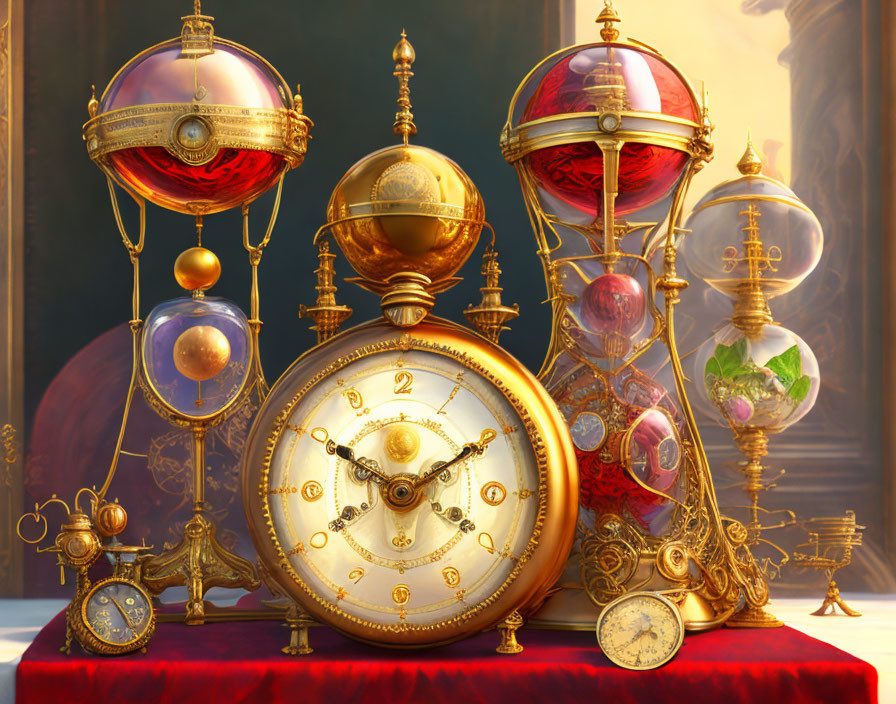 Golden Steampunk Timepieces: Clocks, Globes, Hourglass in Warm Glow