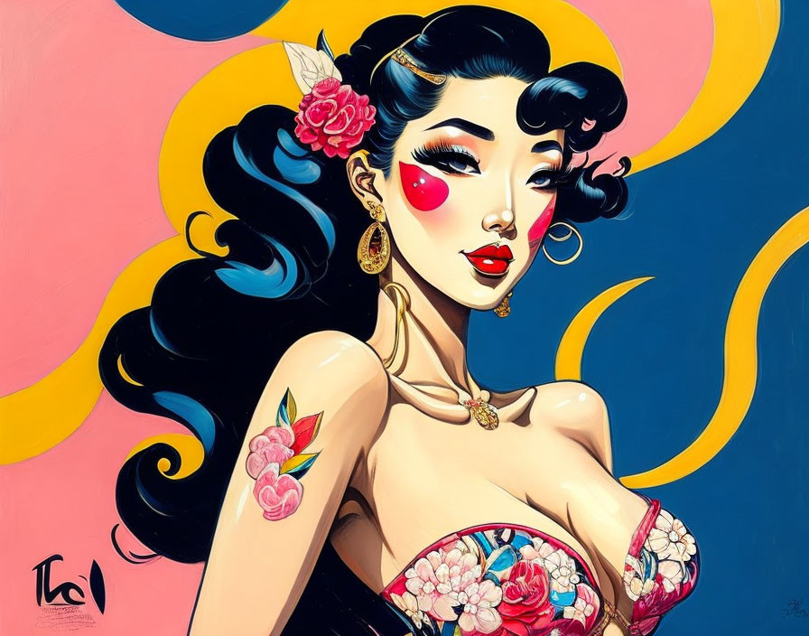 Retro aesthetic woman with stylized makeup and floral motifs on vibrant pink and blue backdrop