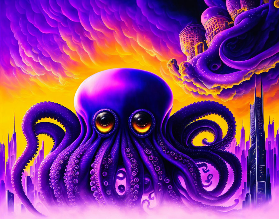 Colorful Surrealist Artwork: Purple Octopus in Fantasy Cityscape