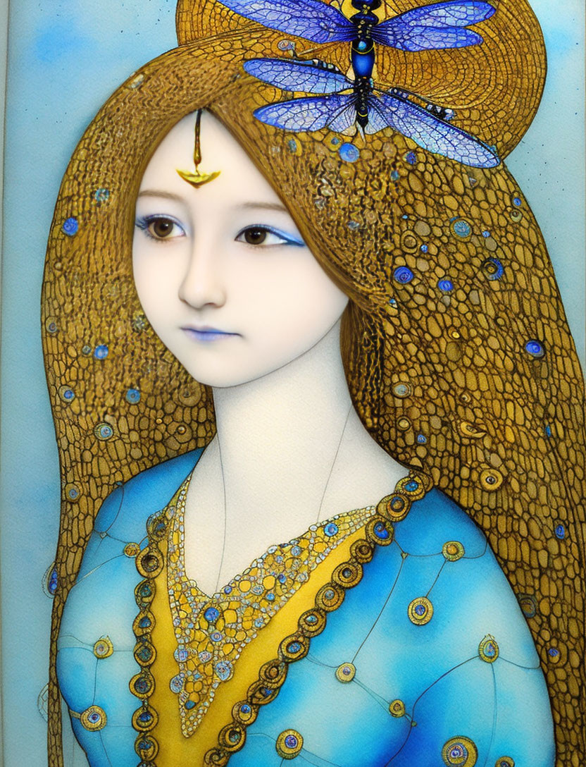 Ethereal painting of woman with golden hair and dragonfly hairpin