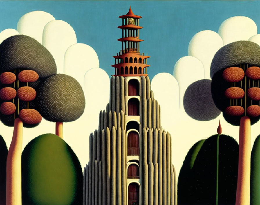 Surreal artwork: Pagoda tower, stylized trees, rounded cloud sky