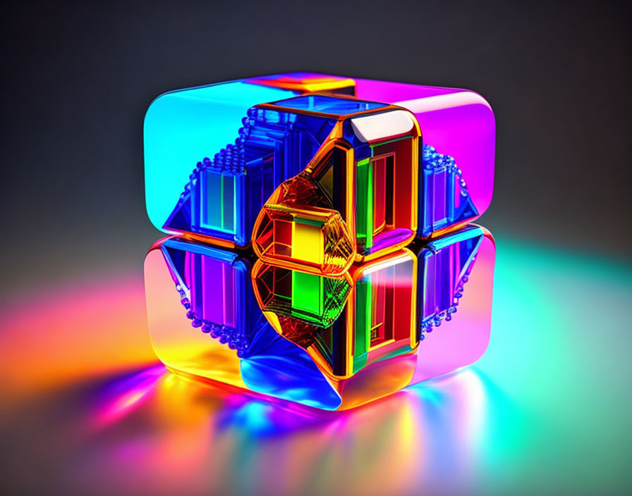 Colorful Iridescent 3D Geometric Cube Structure on Dark Gradient Background