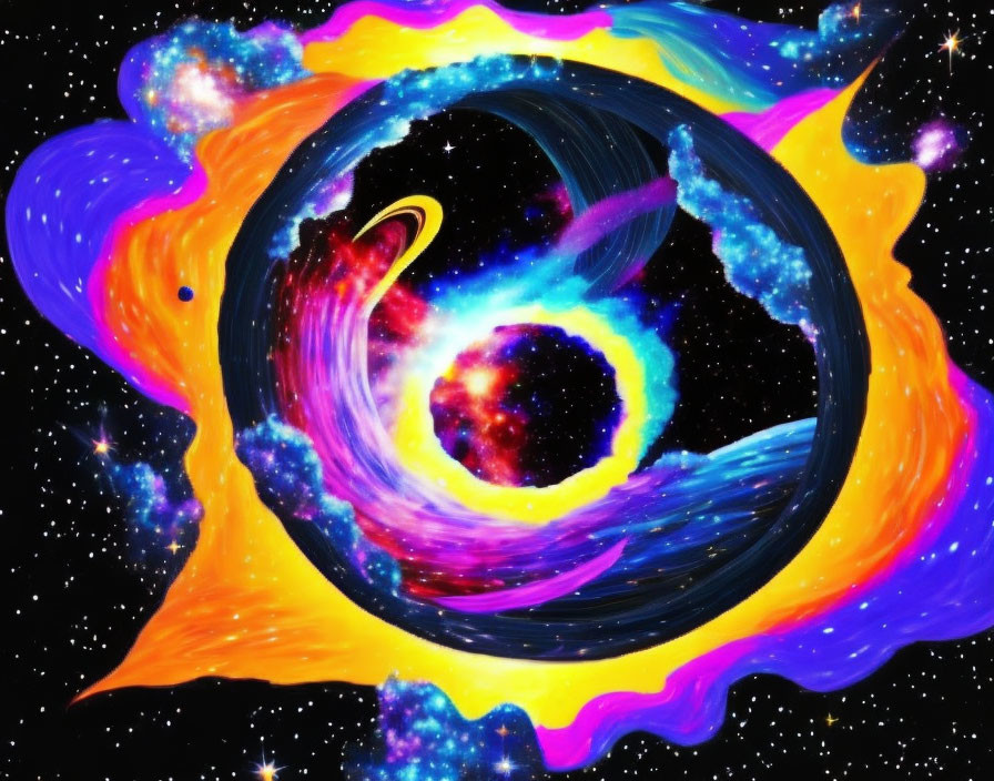 Colorful Abstract Cosmic Scene with Black Hole and Galactic Elements