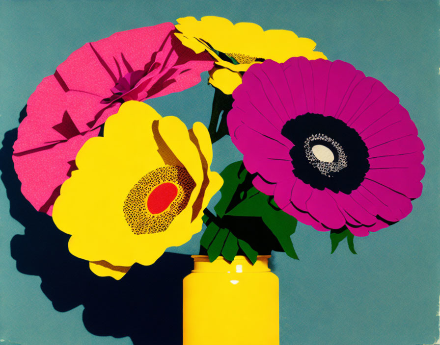 Colorful Cut-Out Style Illustration of Vibrant Flowers in Yellow Vase