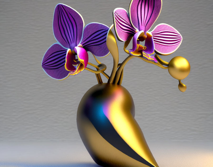 Metallic vase with vibrant purple and pink orchids in digital art