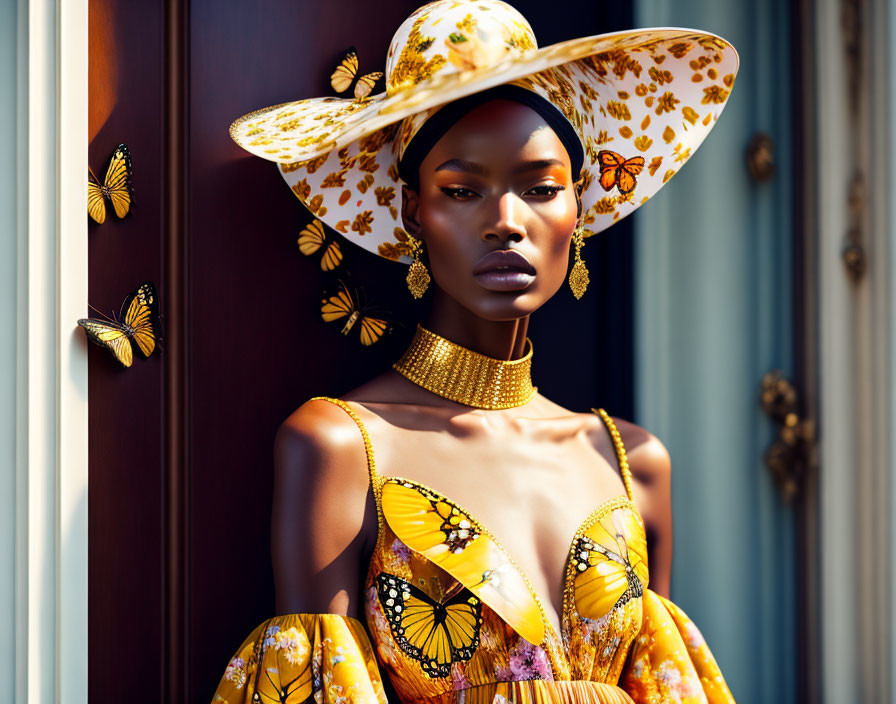 Woman in Butterfly Hat and Dress by Door with Butterflies