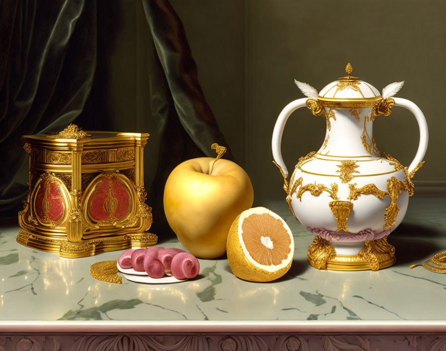 Luxurious Still Life: Golden Casket, Apple, Lemon, Pink Wafers, Porcelain