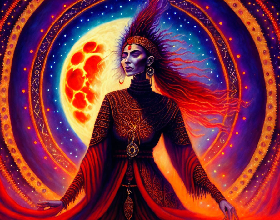 Colorful cosmic figure with fiery elements and intricate jewelry.