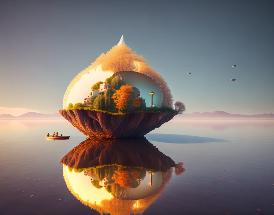 Surreal floating island with house, trees, windmill, and sunset reflection