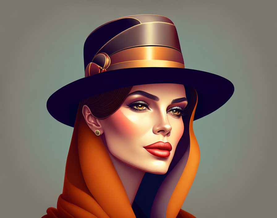 Fashion illustration of stylish woman in hat and orange scarf with bold makeup & elegant earrings