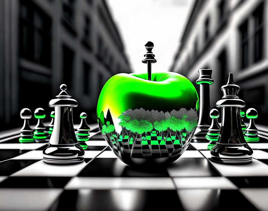 Green apple with chess piece stem on chessboard with cityscape background