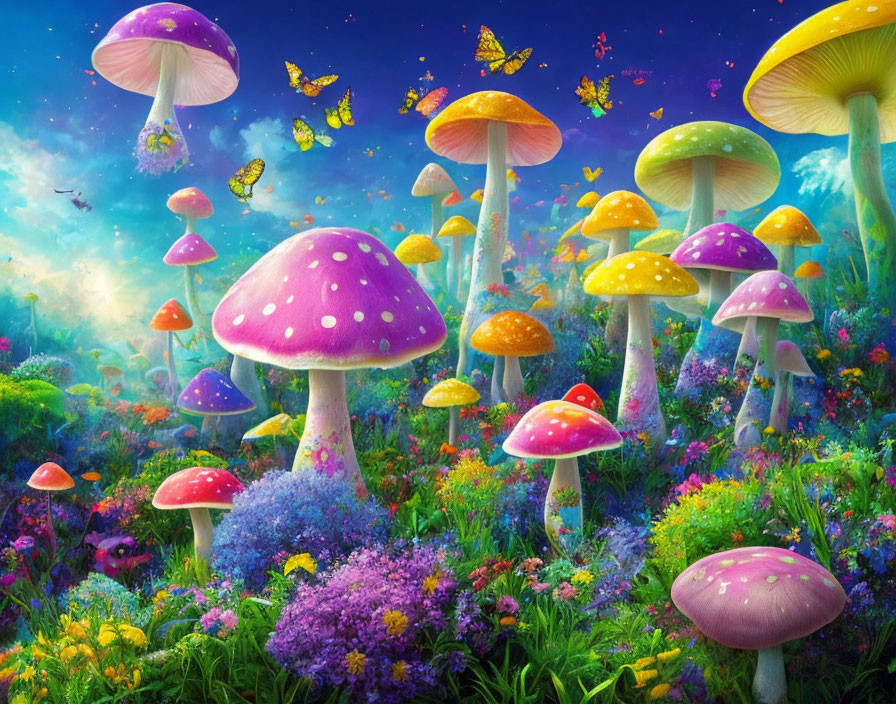 Colorful Fantasy Landscape with Oversized Mushrooms, Flowers, and Butterflies