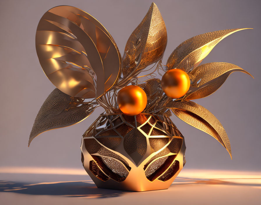 Golden abstract vase with metallic bouquet in warm lighting