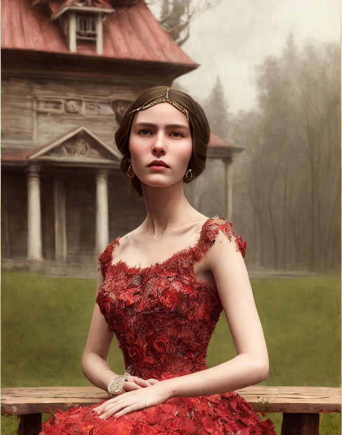 Detailed Red Lace Dress Woman Poses in Misty Forest